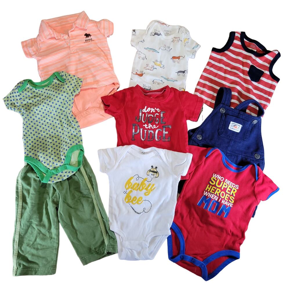 Lot of 9 Baby Boy Clothes 6M One Piece Bodysuits Pants Overalls Graphic Tees